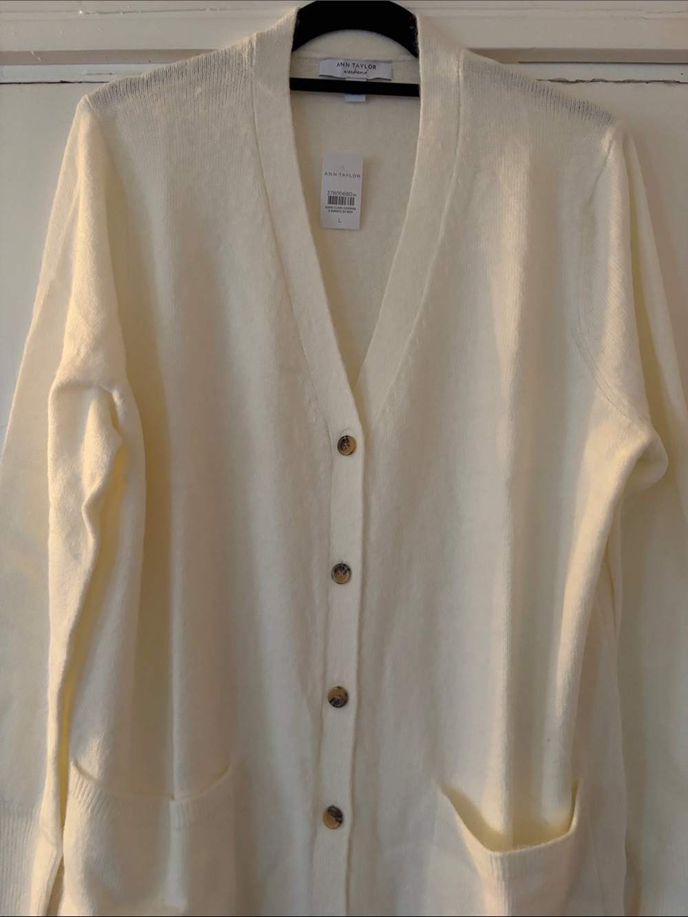 Ann Taylor Ivory V-Neck Button Front Long Sweater- NEW